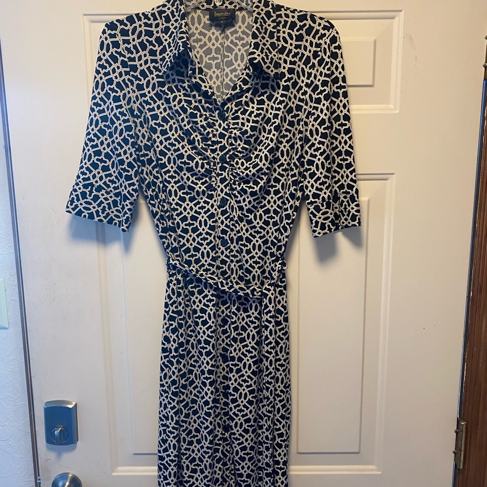 Classic Laundry Dress, gold, cream and black abstract pattern